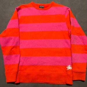 Vintage Y2K Stussy Red Striped Crewneck Sweatshirt Pink Logo Fleece Size Large